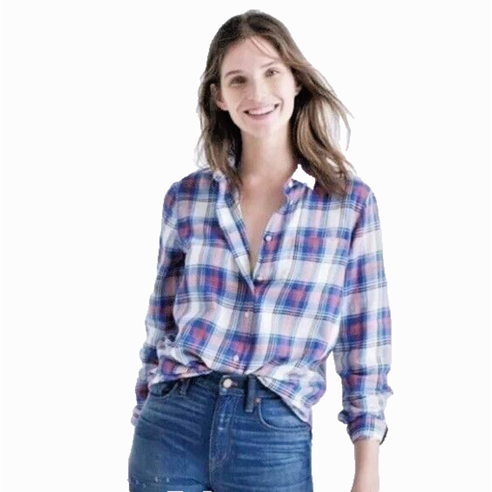 Madewell Size M Shrunken Ex Boyfriend Shirt Red Blue Plaid - Picture 2 of 10